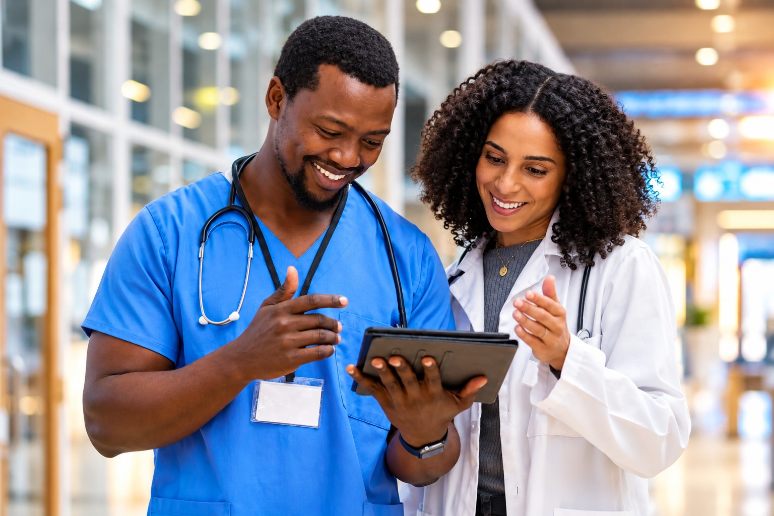 Healthcare professionals working together using digital technology